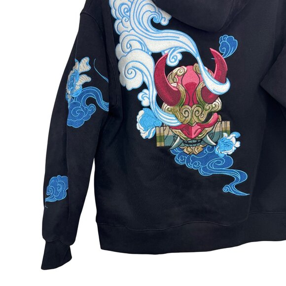 Oni by Bibisama Black Embroidered Anime Style Pullover Hoodie Men's Size M/L - Picture 10 of 14